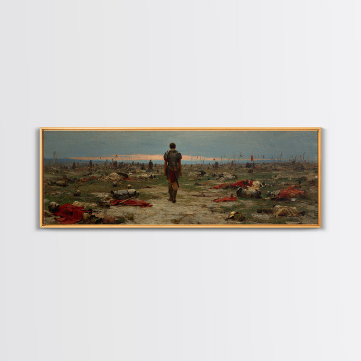 Lone Soldier Crossing Battlefield Wall Art, Panoramic Historical Landscape Canvas Print, Masculine Office Living Room Decor