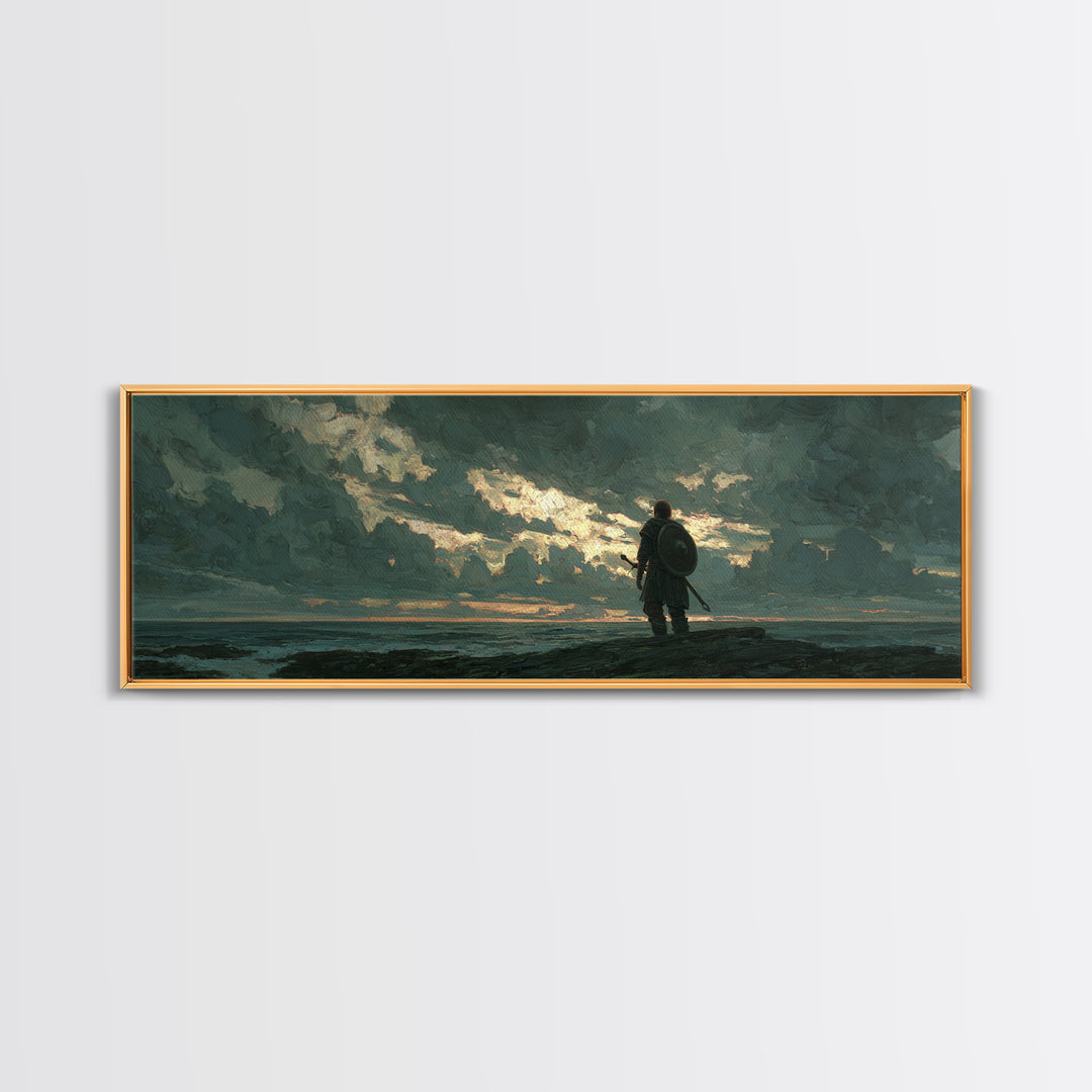 Lone Shield Warrior Under Stormy Coastal Sky Wall Art, Moody Seascape Landscape Print, Masculine Office Decor Gift For Him