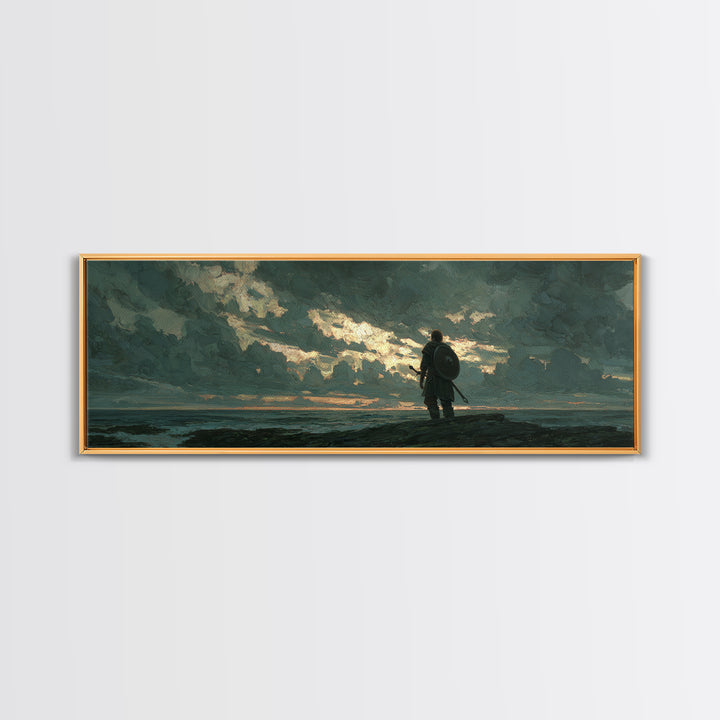Lone Shield Warrior Under Stormy Coastal Sky Wall Art, Moody Seascape Landscape Print, Masculine Office Decor Gift For Him