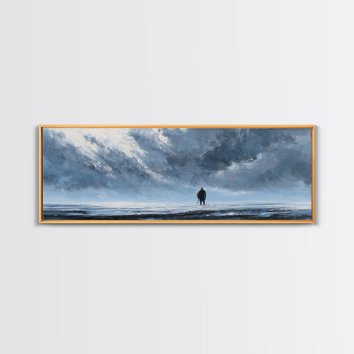 Lone Figure In Icy Storm Canvas Print, Blue Abstract Seascape Wall Art, Moody Ocean Landscape For Modern Living Room Decor