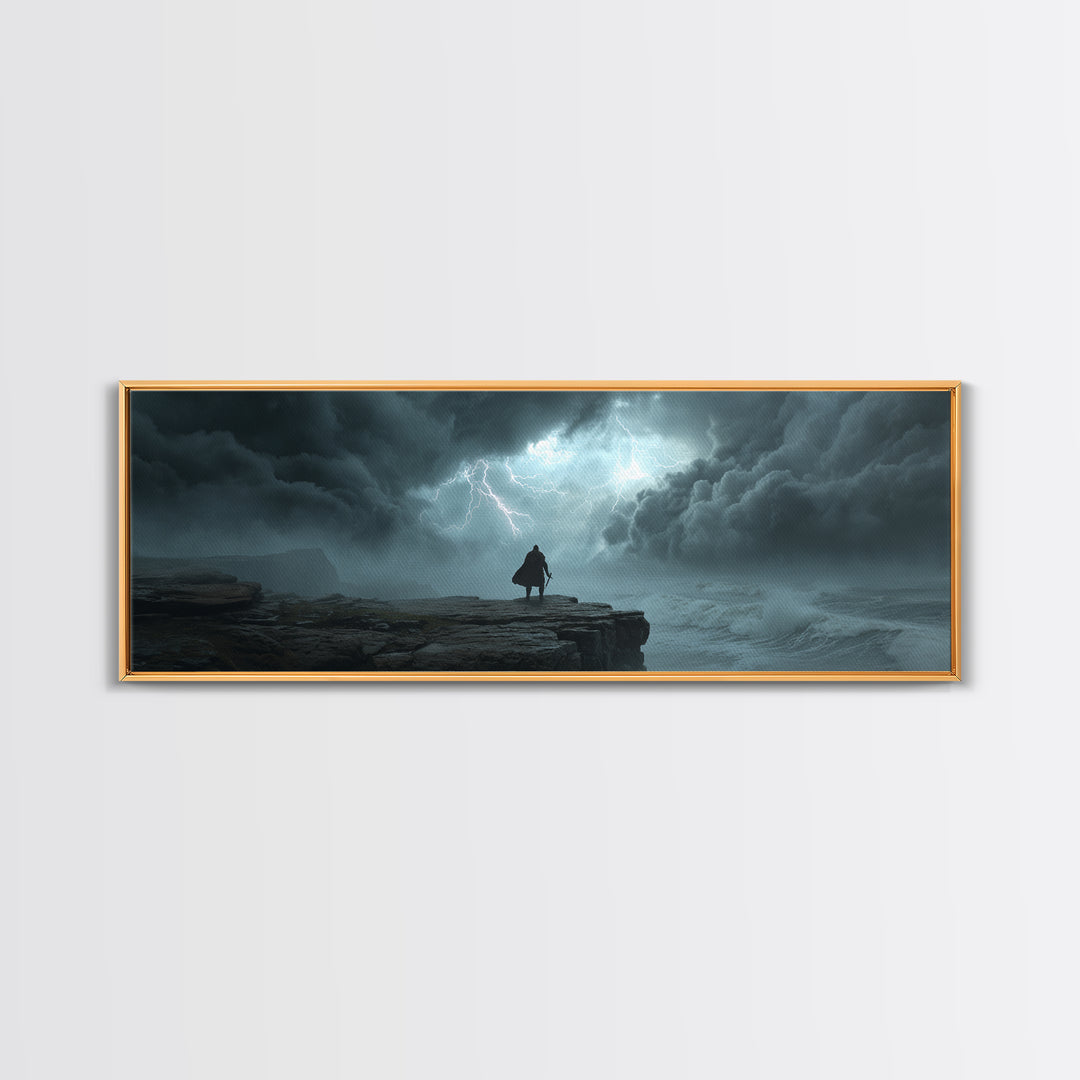 Cloaked Wanderer Under Lightning Canvas Print, Dark Storm Seascape Wall Art, Fantasy Landscape Decor, Moody Office Art Print