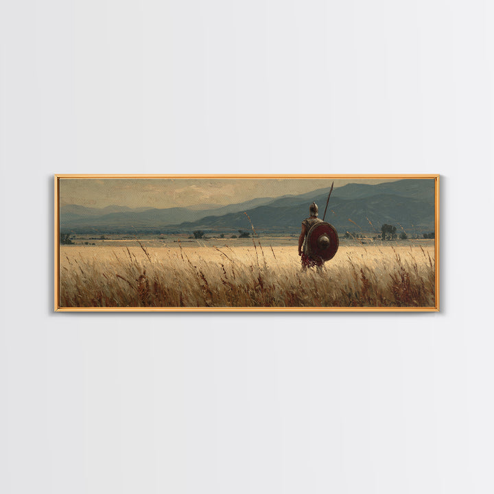 Lone Spearman In Golden Field Canvas Print, Ancient Warrior Landscape, Rustic Wall Art, Historical Decor, Long Horizontal Art