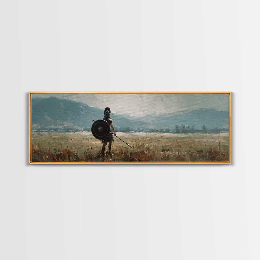 Lone Shield Warrior Landscape Wall Art, Viking Fantasy Canvas, Mountain Battlefield Print, Rustic Medieval Home Decor Gift