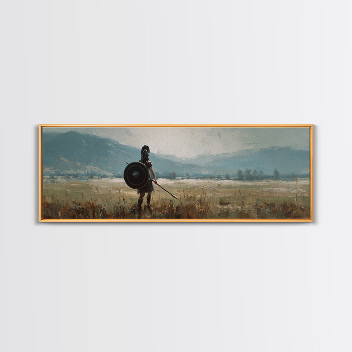 Lone Shield Warrior Landscape Wall Art, Viking Fantasy Canvas, Mountain Battlefield Print, Rustic Medieval Home Decor Gift