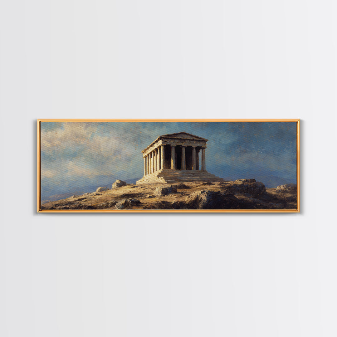Ancient Greek Temple On Rocky Hill Wall Art, Classical Landscape Painting, European Decor, Large Framed Canvas Print For Home