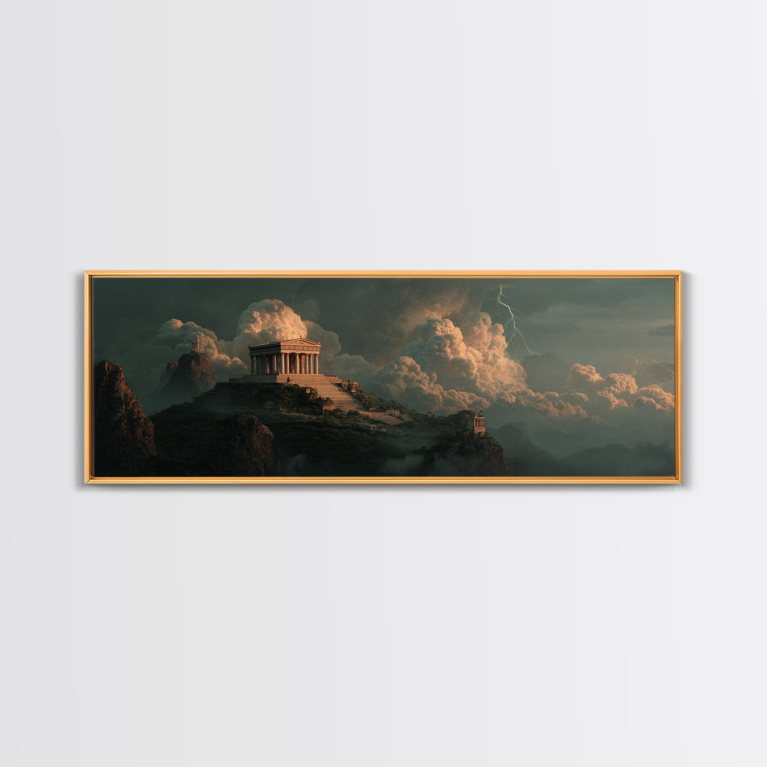 Ancient Greek Temple Above Stormy Peaks Wall Art, Mythological Landscape Canvas Print, Classical Decor, Dramatic Office Art