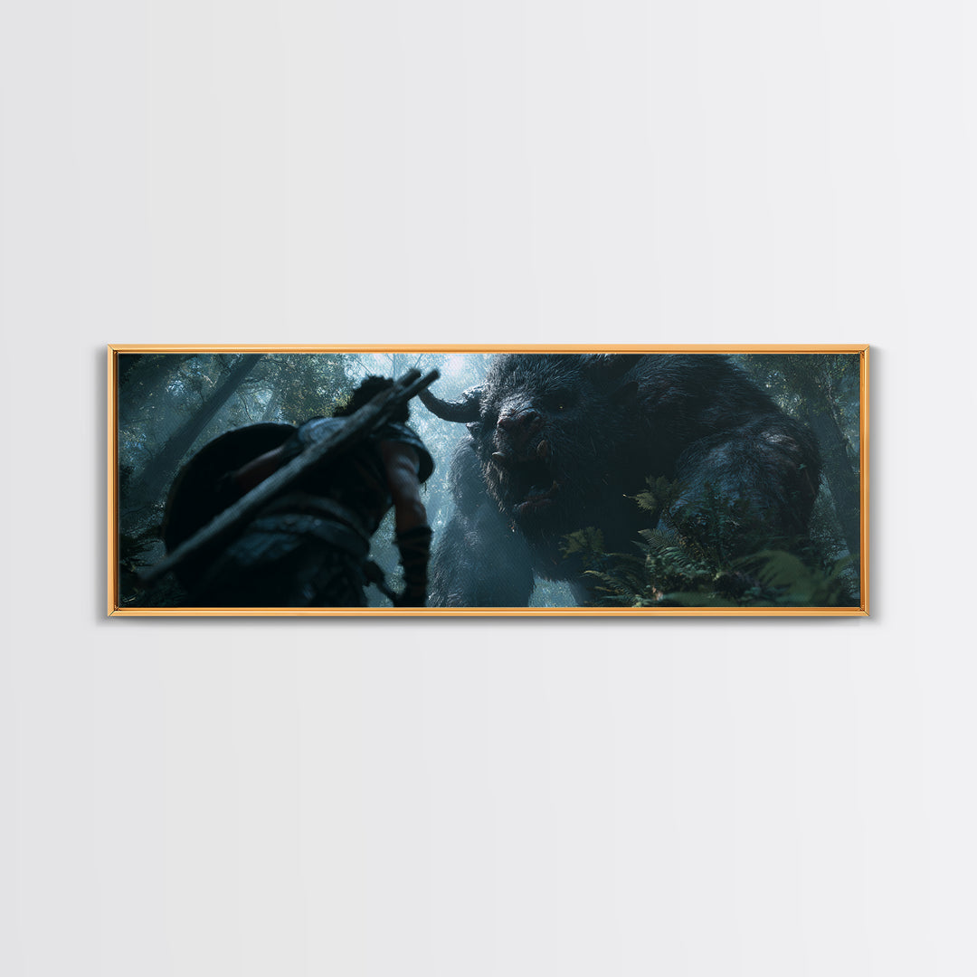 Warrior Facing Giant Forest Beast Canvas Print, Dark Fantasy Wall Art, Mythical Creature Decor, Dramatic Game Room Poster