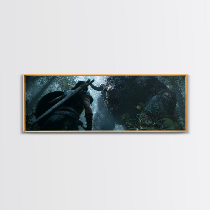 Warrior Facing Giant Forest Beast Canvas Print, Dark Fantasy Wall Art, Mythical Creature Decor, Dramatic Game Room Poster