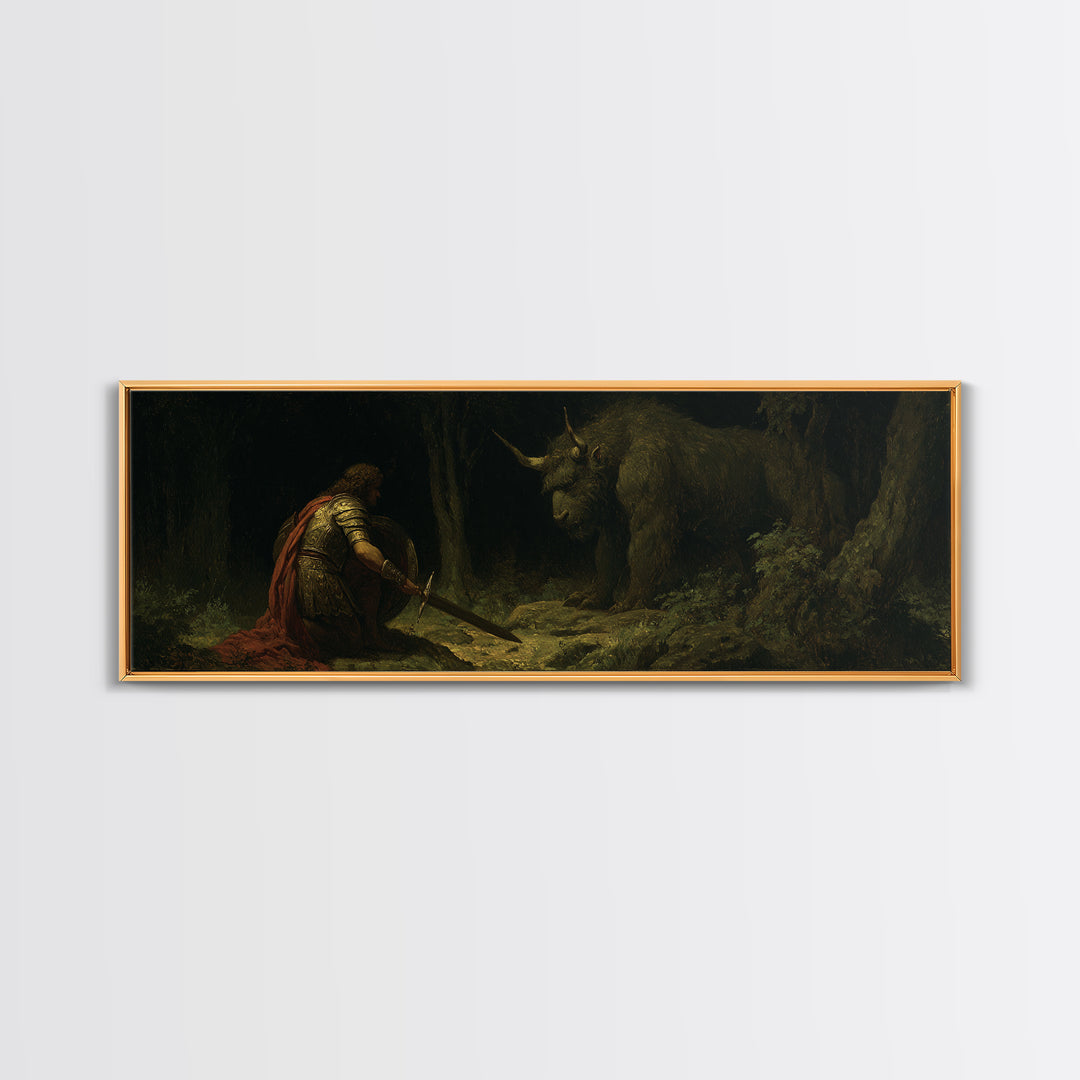 Kneeling Knight Facing Dark Forest Unicorn Wall Art, Mythical Fantasy Canvas Print, Gothic Fairytale Decor Unique Gift For Him