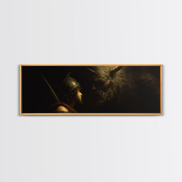 Ancient Warrior Facing Horned Beast Canvas Print, Dark Fantasy Mythology Wall Art, Dramatic Gothic Decor For Living Room
