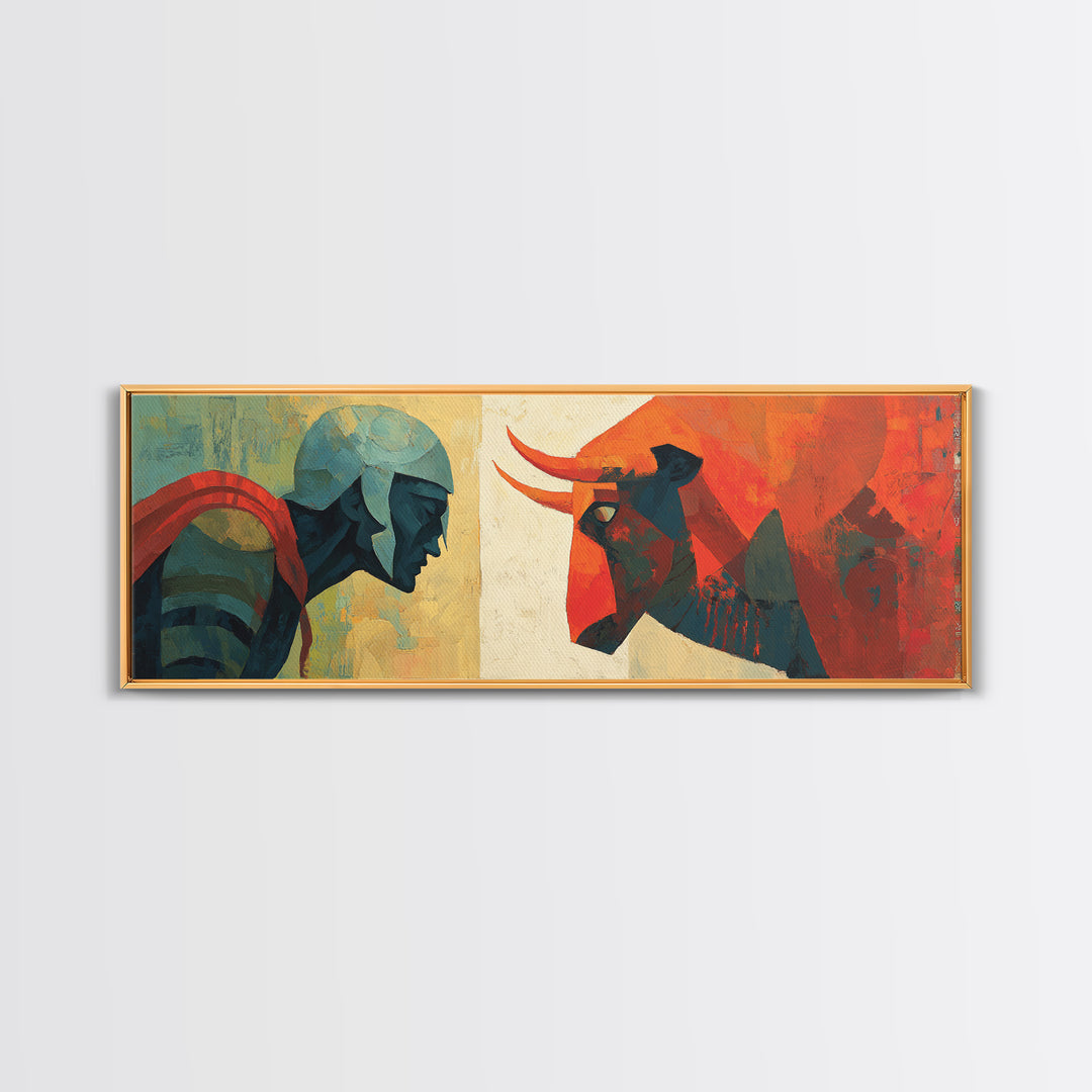 Modern Warrior And Red Bull Canvas Print, Geometric Mythology Wall Art, Mid Century Abstract Decor For Bold Living Room Art