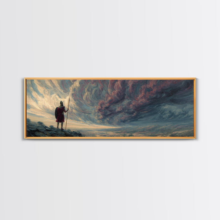 Lone Warrior Under Stormy Sky Wall Art, Dramatic Fantasy Landscape Canvas Print, Moody Large Horizontal Living Room Decor