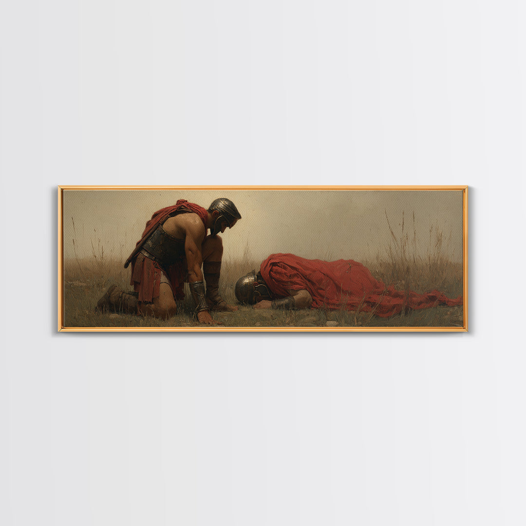 Kneeling Warrior Beside Fallen Soldier Wall Art, Historical Battlefield Canvas Print, Dramatic Masculine Living Room Decor