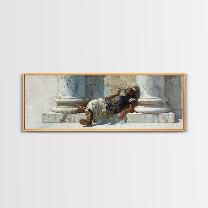 Resting Roman Soldier By Marble Columns Wall Art, Ancient Warrior Oil Painting Print, Classical History Decor, Housewarming Gift