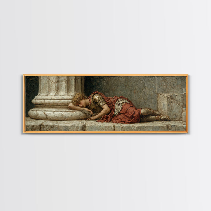 Resting Roman Soldier By Marble Column Framed Canvas Print, Classical Wall Art, Dark Academia Decor, Historical Gift For Him