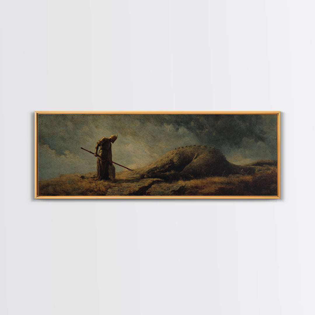 Cloaked Hunter Beside Fallen Giant Wall Art, Dark Fantasy Landscape, Mythical Creature Decor, Gothic Canvas Print, Fantasy Gift