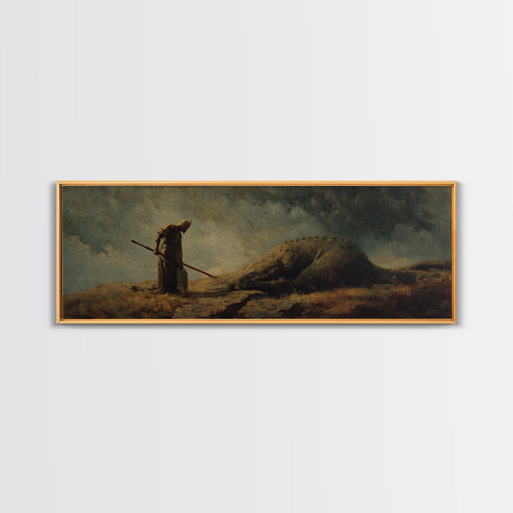 Cloaked Hunter Beside Fallen Giant Wall Art, Dark Fantasy Landscape, Mythical Creature Decor, Gothic Canvas Print, Fantasy Gift