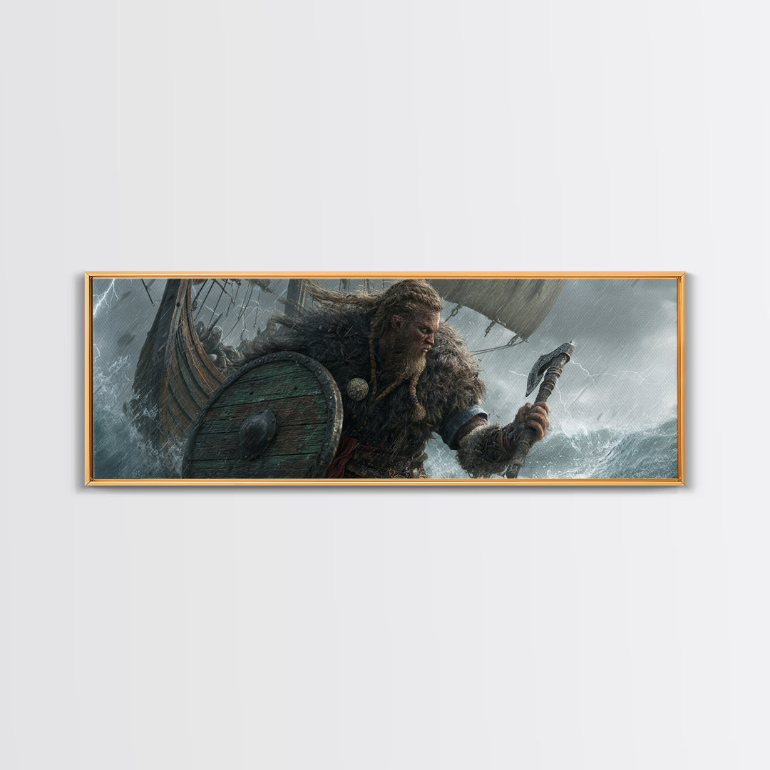 Stormy Viking Warrior At Sea Wall Art, Norse Ship Canvas, Dark Fantasy Decor, Warrior Gift, Nautical Living Room Art, Rustic Home Decor
