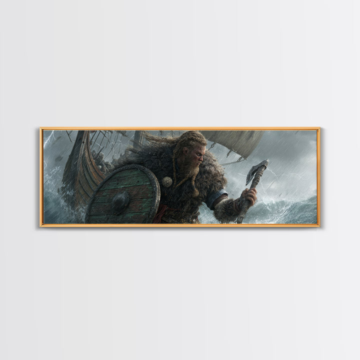 Stormy Viking Warrior At Sea Wall Art, Norse Ship Canvas, Dark Fantasy Decor, Warrior Gift, Nautical Living Room Art, Rustic Home Decor