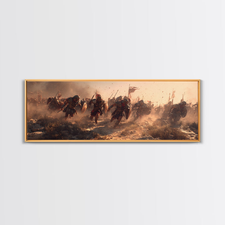 Dusty Warrior Cavalry Charge Wall Art, Epic Battle Framed Canvas Print, Historical War Decor, Large Masculine Gift For Him