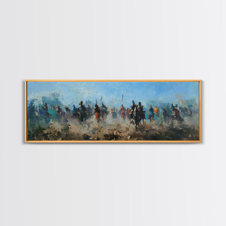 Abstract Cavalry Riders In Blue Haze Wall Art, Horseback Battle Oil Painting Print, Western Living Room Decor Gift For Him