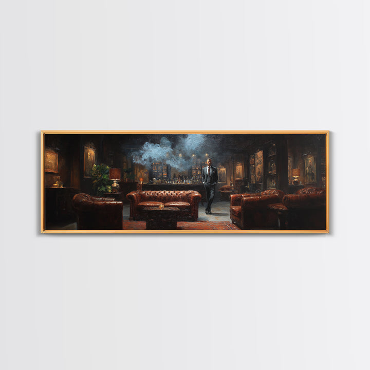 Smoky Gentleman In Leather Lounge Wall Art, Speakeasy Home Bar Canvas Print, Moody Masculine Living Room Decor Gift For Him
