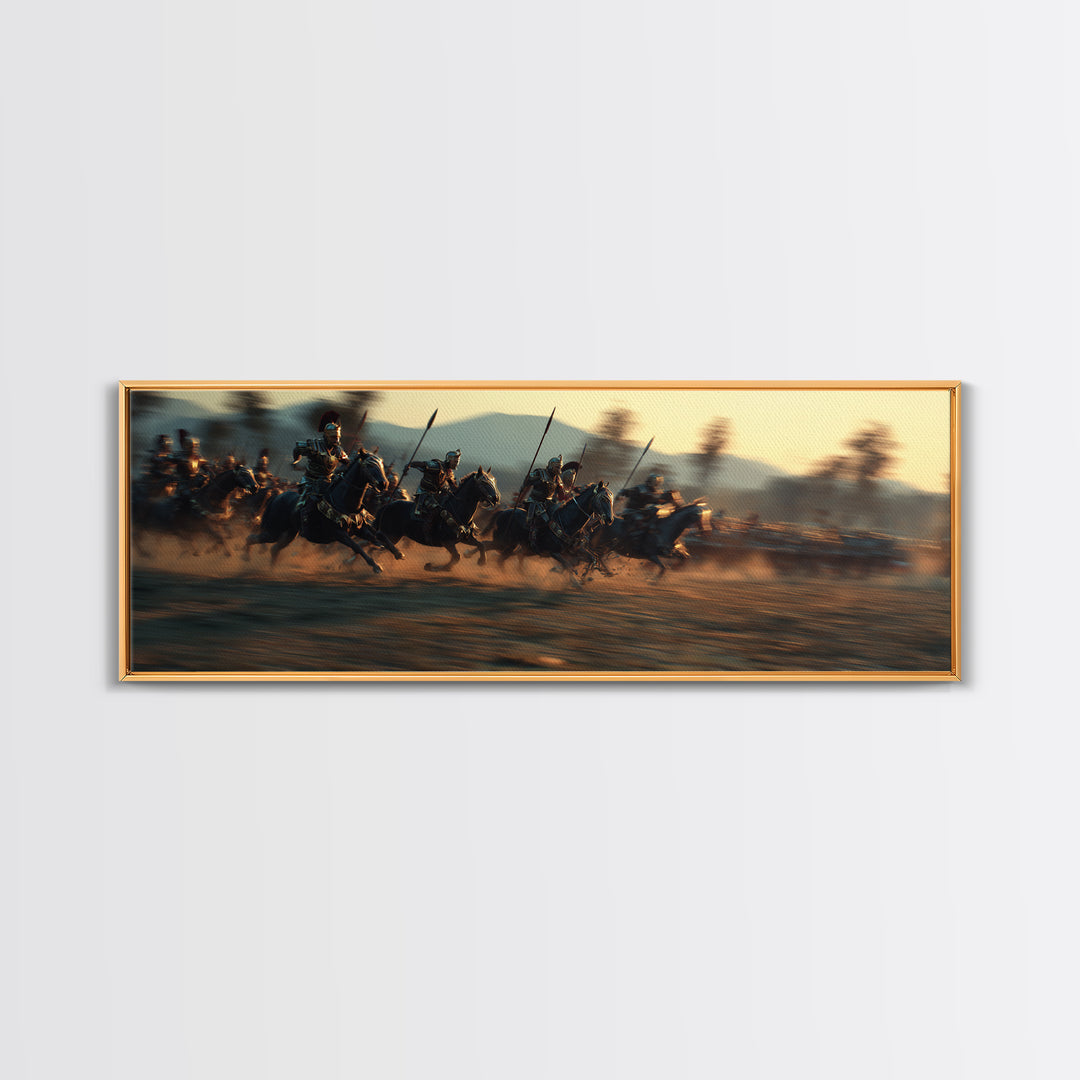 Armored Cavalry Charge At Sunset Wall Art, Epic Horse Battle Canvas Print, Western Warrior Decor, Gift For Him, Masculine Office Decor