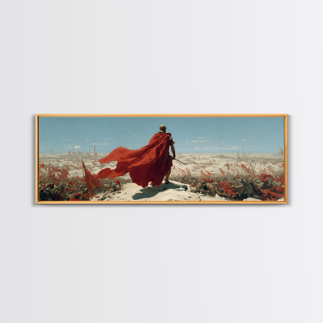 Red Cloaked Commander Over Snowy Battlefield Wall Art, Epic Fantasy Warrior, Historical Canvas Print, Statement Office Decor