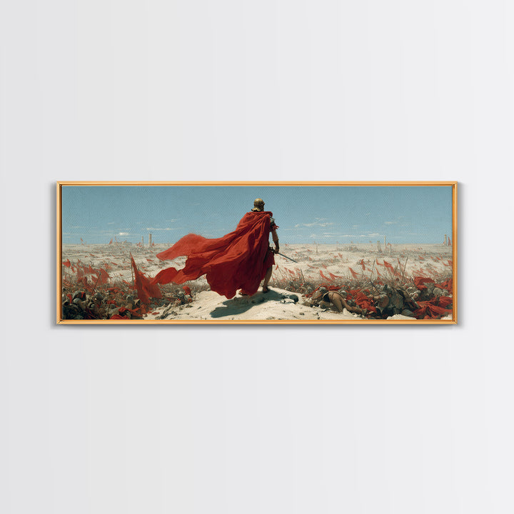 Red Cloaked Commander Over Snowy Battlefield Wall Art, Epic Fantasy Warrior, Historical Canvas Print, Statement Office Decor