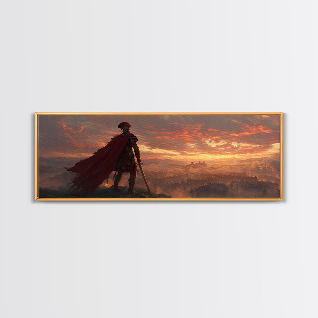 Roman General Over Sunset Empire Wall Art, Red Cape Warrior Landscape, Classical Fantasy Decor, Cinematic Large Canvas Print
