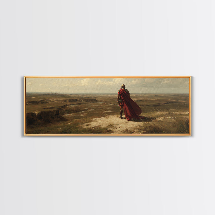 Red Cape Warrior Canyon Wall Art, Epic Fantasy Landscape Canvas, Ancient Hero Print, Rustic Western Statement Decor Gift