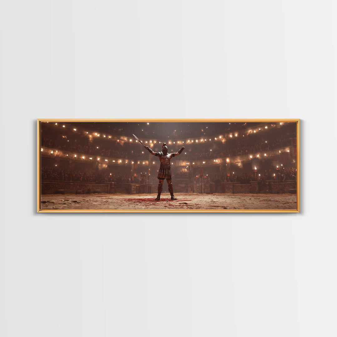 Triumphant Gladiator In Torchlit Arena Wall Art, Roman Warrior Fantasy Canvas, Epic Battle Decor, Cinematic Man Cave Art