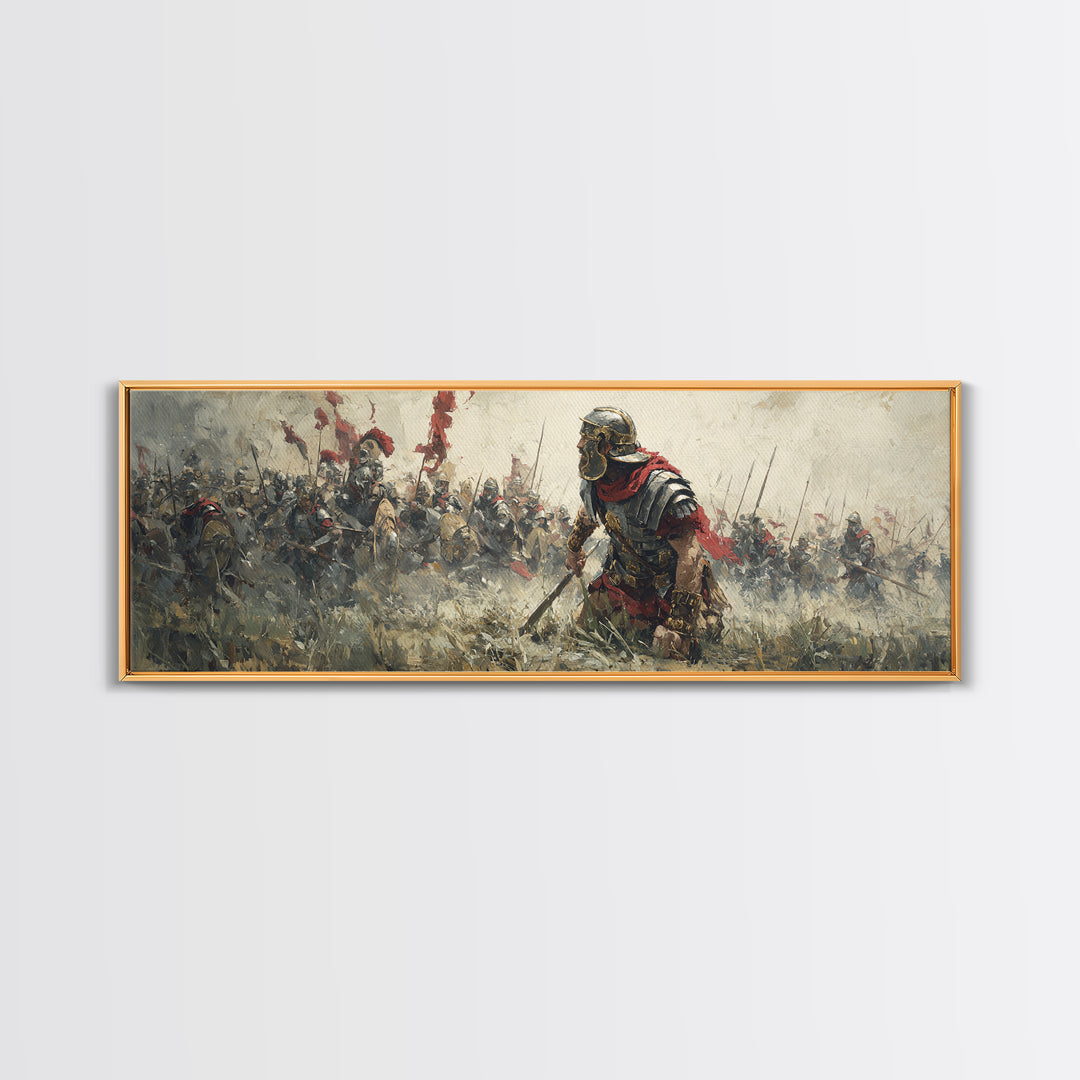 Ancient Warrior Leading Smoky Battlefield Wall Art, Panoramic Historical Battle Canvas, Masculine Office Decor Gift For Him