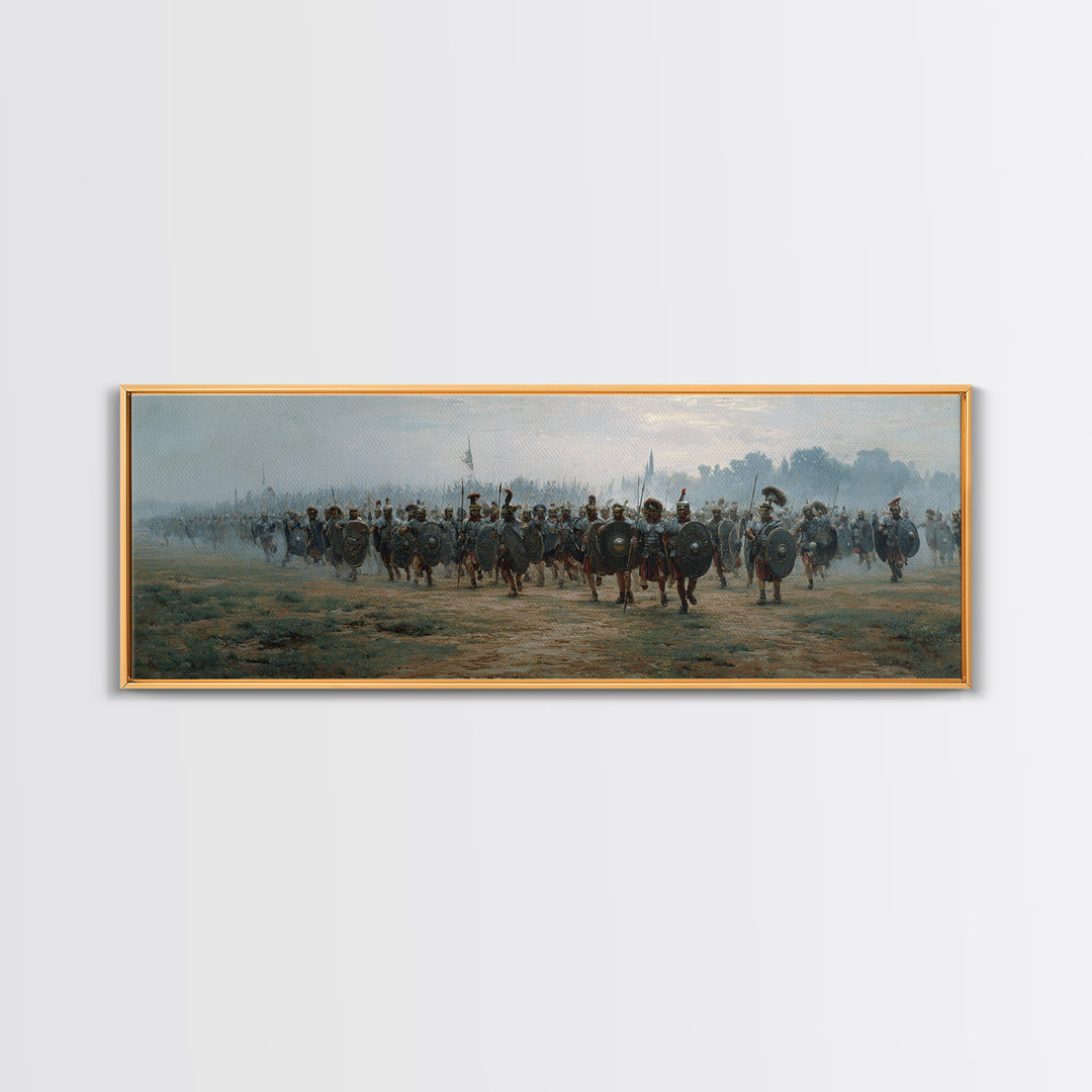 Misty Roman Army March Wall Art, Ancient Warrior Oil Painting Print, Panoramic History Decor, Large Living Room Art For Home Decor