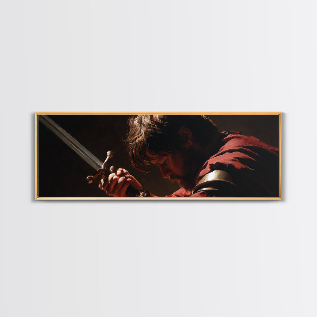 Brooding Warrior Holding Sword Wall Art, Dramatic Baroque Portrait Canvas Print, Masculine Gothic Office And Man Cave Decor