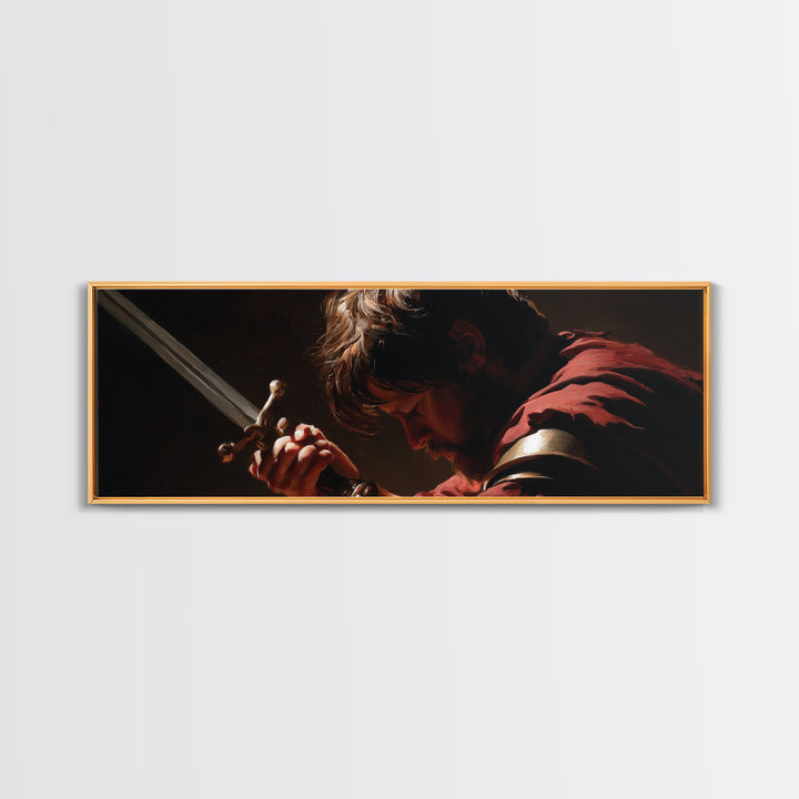 Brooding Warrior Holding Sword Wall Art, Dramatic Baroque Portrait Canvas Print, Masculine Gothic Office And Man Cave Decor