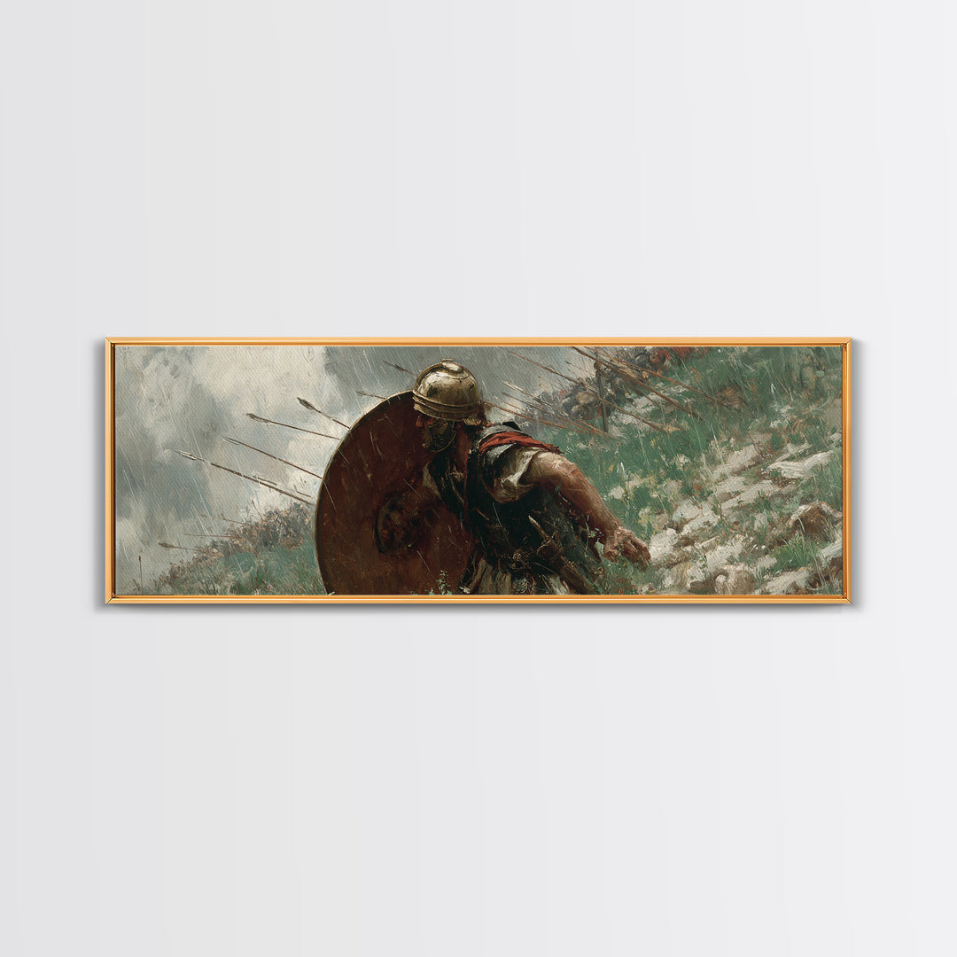 Ancient Shield Warrior Framed Canvas Print, Historical Battle Wall Art, Spartan Soldier Decor, Masculine Office Decor, Gift For Him