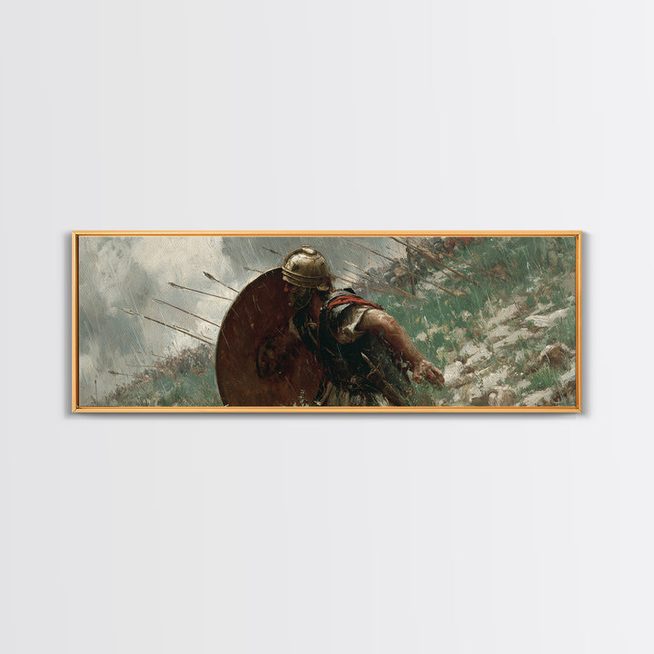 Ancient Shield Warrior Framed Canvas Print, Historical Battle Wall Art, Spartan Soldier Decor, Masculine Office Decor, Gift For Him
