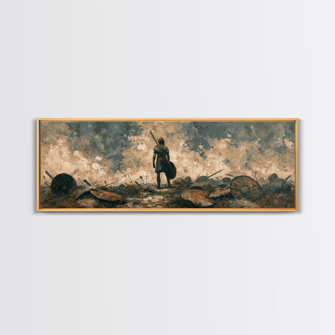 Solitary Warrior On Stormy Battlefield Canvas Print, Historical Wall Art, Moody Office Decor, Dark Academia Gift For Him