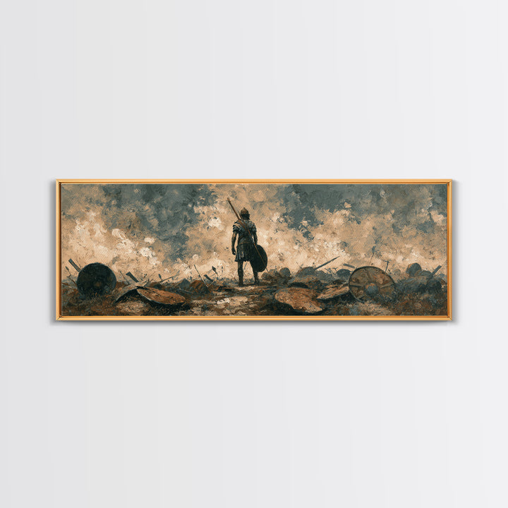 Solitary Warrior On Stormy Battlefield Canvas Print, Historical Wall Art, Moody Office Decor, Dark Academia Gift For Him