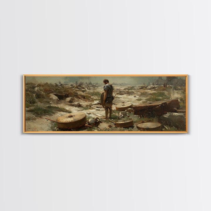 Lone Ancient Warrior Among Shields Wall Art, Roman Battlefield Canvas Print, Historical Decor, Classical Fine Art Prints