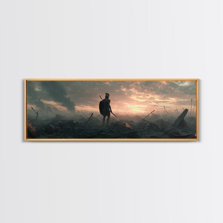 Lone Warrior On Smoky Battlefield Wall Art, Dark Fantasy Canvas, Epic Medieval Landscape, Dramatic Living Room Decor, Above Sofa Decor