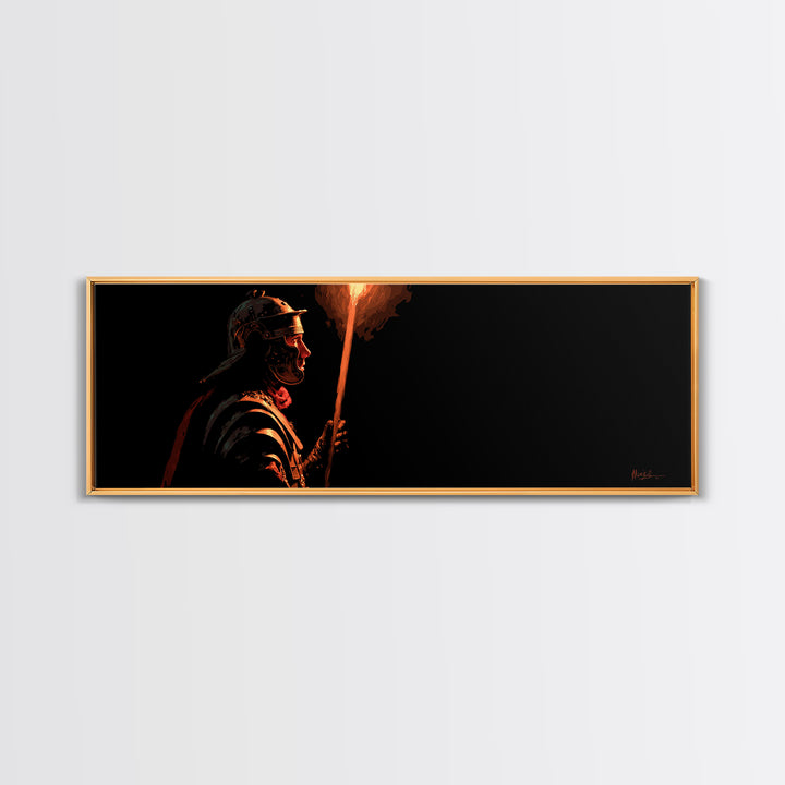 Roman Torch Bearer In Black Canvas Print, Ancient Warrior Wall Art, Dramatic Historical Decor, Masculine Man Cave Gift Print