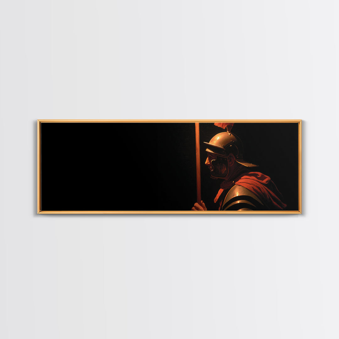 Bold Roman Soldier With Spear Framed Canvas Print, Dark Historical Warrior Wall Art, Masculine Office Decor And Gift For Him