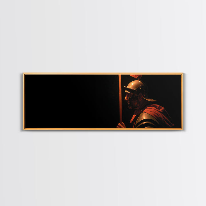 Bold Roman Soldier With Spear Framed Canvas Print, Dark Historical Warrior Wall Art, Masculine Office Decor And Gift For Him
