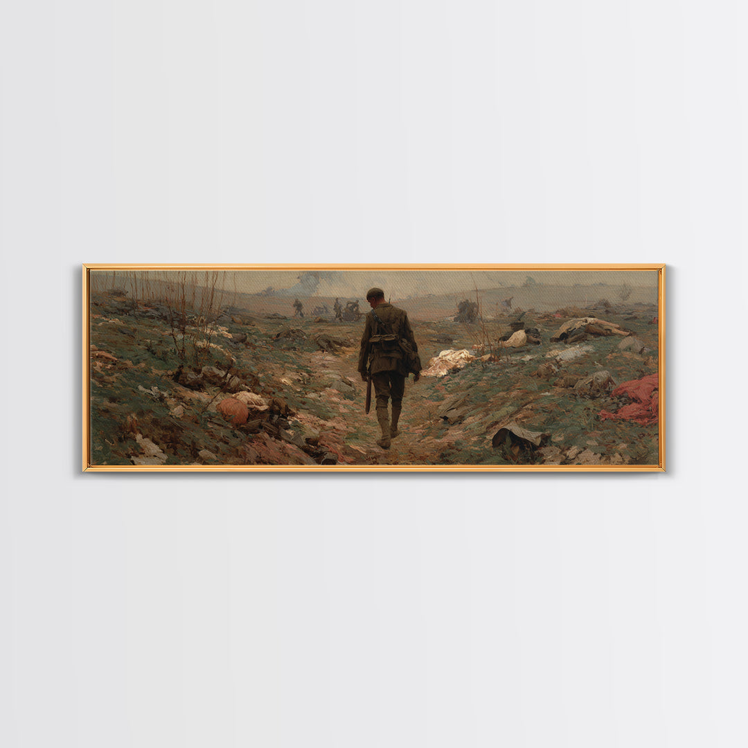 Somber Lone Soldier Battlefield Wall Art, Panoramic Framed Canvas Print, Historical Landscape Decor, Moody Office Wall Art