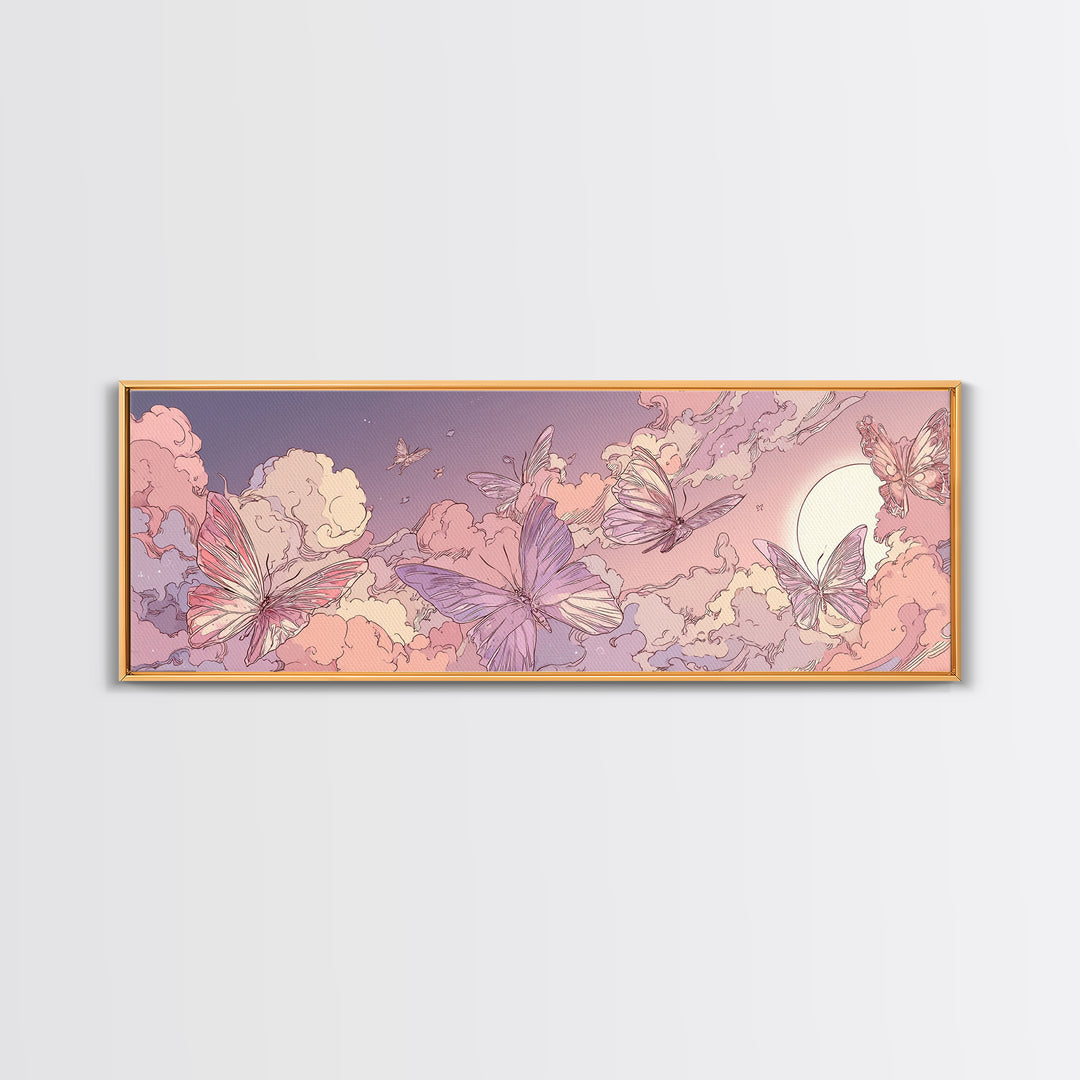 Pink Butterfly Cloudscape Wall Art, Whimsical Celestial Canvas Print, Pastel Nursery Decor, Magical Girls Room Artwork Gift