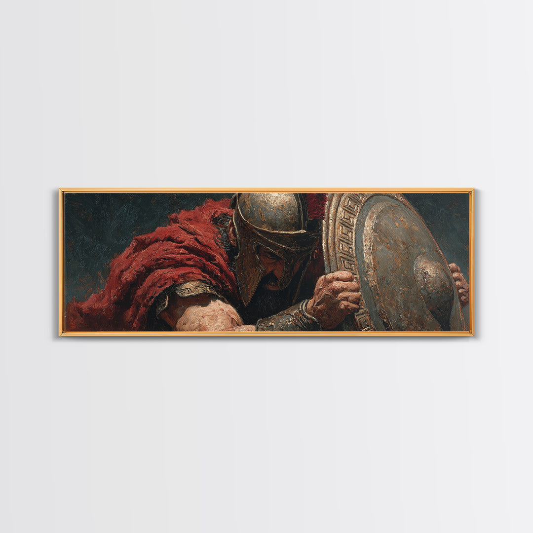 Spartan Warrior With Shield Wall Art, Greek Battle Canvas Print, Dark Masculine Historical Decor For Office And Living Room