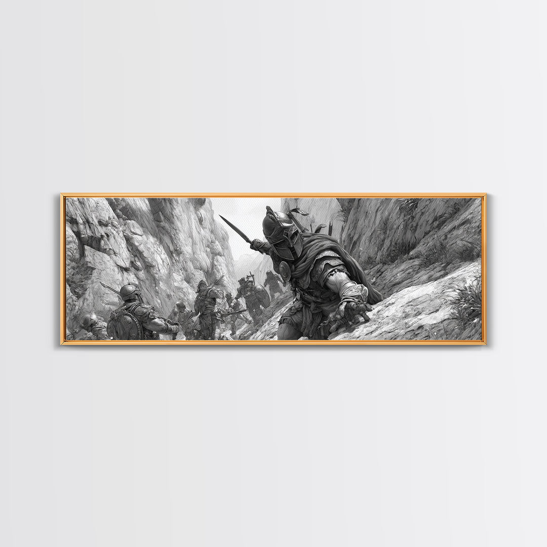 Black And White Canyon Ambush Wall Art, Medieval Warrior Canvas Print, Historic Battle Illustration, Masculine Decor, Office Wall Art