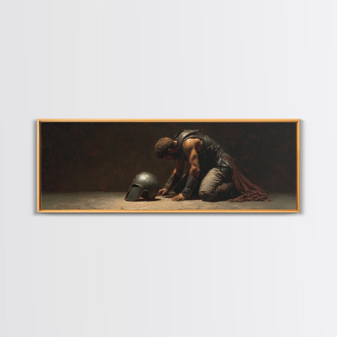 Kneeling Gladiator With Helmet Framed Canvas Print, Dark Academia Wall Art, Classical Warrior Decor, Gift For Him, Office Decor